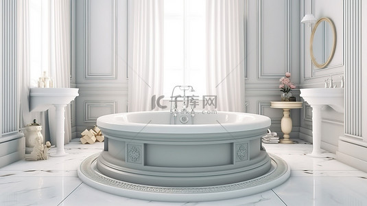 经典风格的浴室配有大理石地板大型圆形浴缸配有坐浴盆的卫生间和亚麻桌 3D 可视化