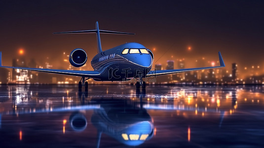 停在跑道上的豪华私人飞机的 3D 渲染，背景中城市夜灯模糊