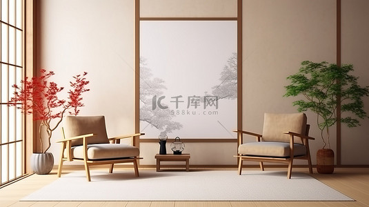 带日式旅馆海报框架扶手椅和装饰品的榻榻米地板的 3D 渲染