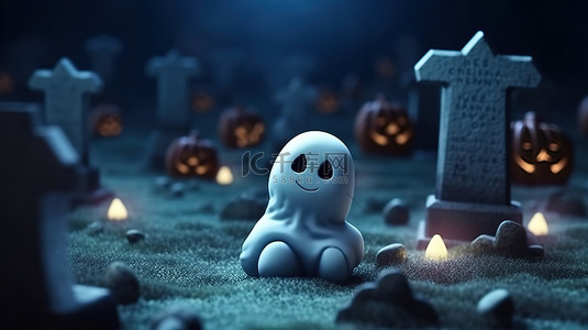 月光下的万圣节之夜墓地里可爱的幽灵 3D 插图