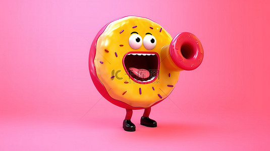 粉红色釉面草莓甜甜圈吉祥物的 3D 渲染，在充满活力的黄色背景下拿着老式红色扩音器