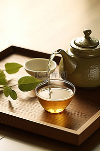 茶倒茶背景图片_茶壶从木托盘中倒出水