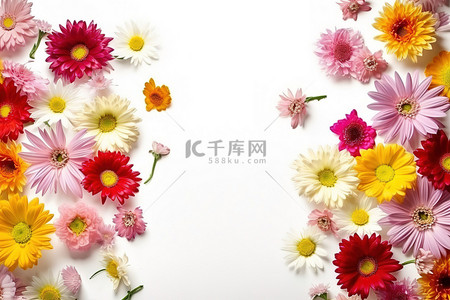各种花朵背景背景图片_白色的地板上铺满了各种色彩缤纷的花朵