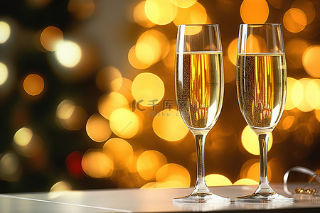 放光背景图片_闪亮的圣诞树上放着两杯香槟