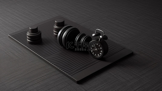 瑜伽垫瑜伽球背景图片_带哑铃杠铃和闹钟的黑色运动垫的 3D 渲染