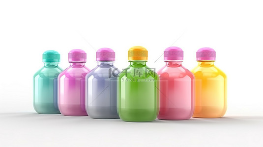 塑料瓶样机背景图片_充满液体洗涤剂的充满活力的塑料瓶在 3D 渲染的干净白色背景下