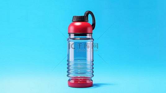 3D 渲染中醒目的蓝色背景下充满活力的红色塑料运动水瓶
