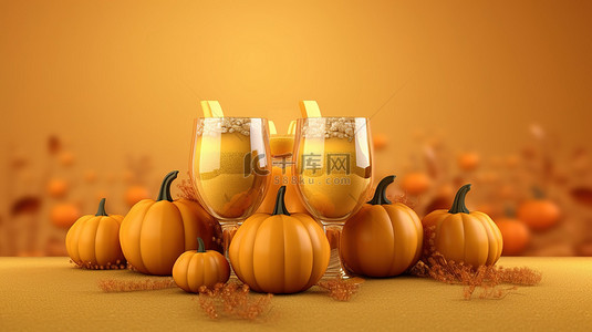秋季主题饮料，玻璃杯，米色背景南瓜，非常适合季节性销售和促销 3D 渲染