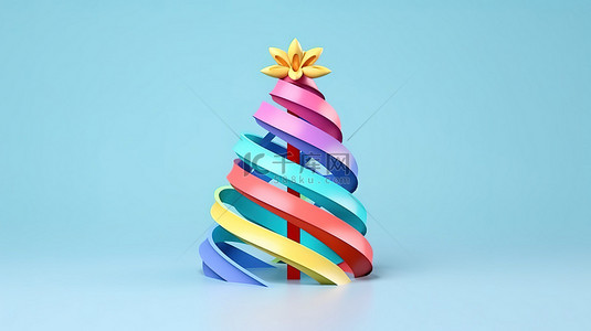 蓝色背景简约概念 3d 渲染上饰有彩虹丝带装饰的圣诞树