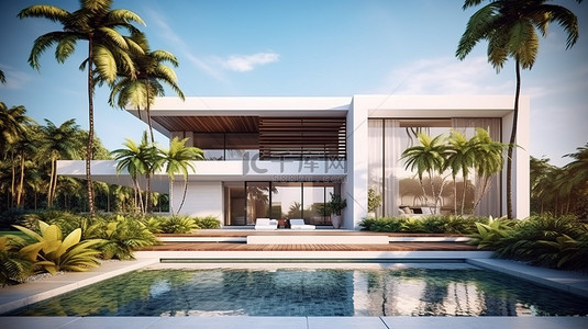 从外部角度看现代热带房屋建筑设计的 3D 插图