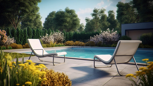 从草坪椅上观看后院和游泳池的 3D 渲染