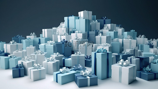 各种蓝色和白色礼品盒，上面有不同尺寸的丝带，以 3D 形式描绘