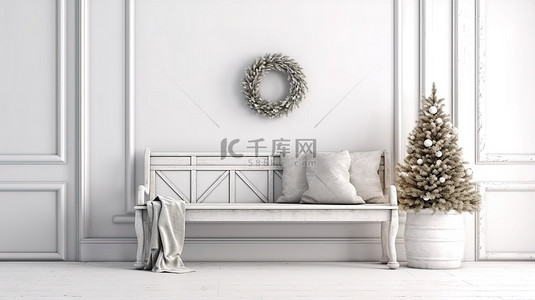 质朴的圣诞入口，配有木凳和白墙内部 3D 模型渲染