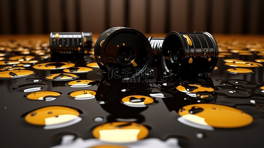 黑色工业背景图片_闪亮的黑色桶装饰着金币证券和闪闪发光的油滴引人注目的 3D 插图
