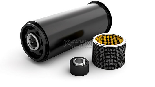 工业背景黑色背景图片_白色背景黑色外壳中机油罐滤芯和新机油滤清器的 3D 渲染