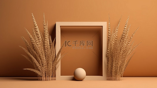 棕色木框背景图片_用于产品展示的草背景木框模型的 3D 渲染