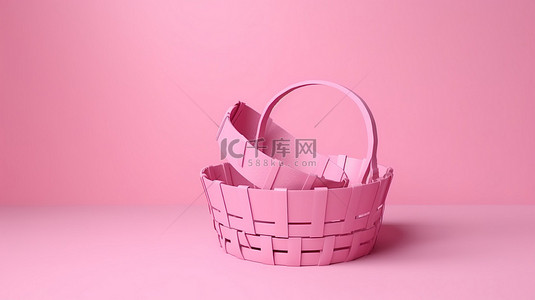 网上购物销售季彩色粉红色背景，带 3D 渲染篮子和促销优惠券
