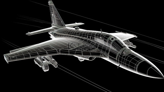 通过轮廓线绘制轮廓的军用喷气式战斗机的 3D 渲染