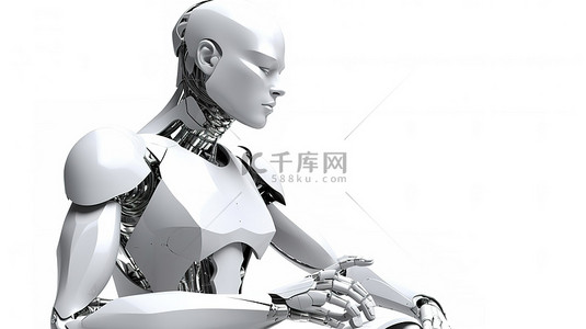 在白色背景上隔离的白皮书，带有女性机器人或机器人的 3D 渲染