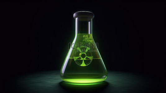 被化学品和核图标污染的科学烧瓶的 3d 渲染