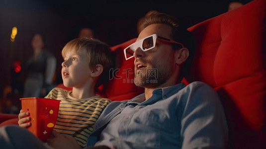 家庭享受背景图片_父子在沙发上享受 3D 电影和爆米花，增进感情