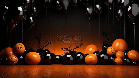 黑色万圣节背景背景图片_3D 渲染万圣节背景与气球装饰