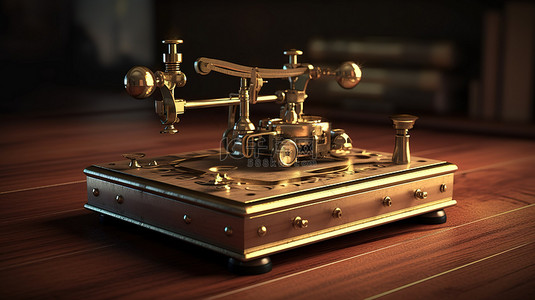 木桌 3d 渲染上具有独立背景的老式电报机