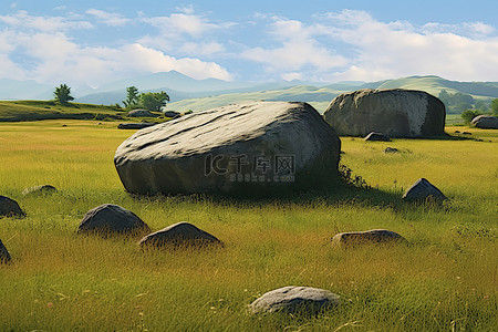 草地上的大石头，上面标有石头
