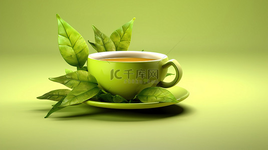 绿茶设计背景图片_3d 渲染一个装满新鲜绿茶的杯子
