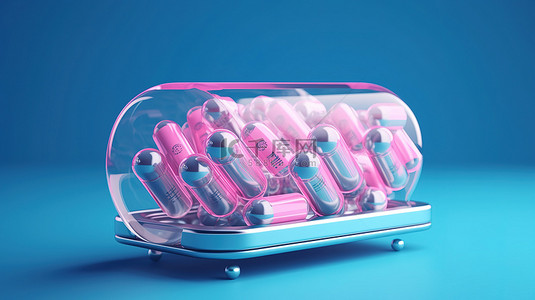 蓝色背景泡罩包装中充满活力的粉红色健康胶囊，具有双色调效果 3D 插图