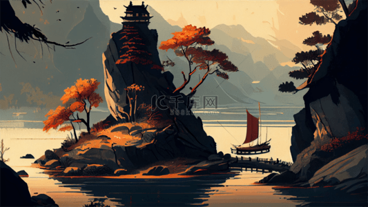 古代大树背景图片_河流中国风格插画背景