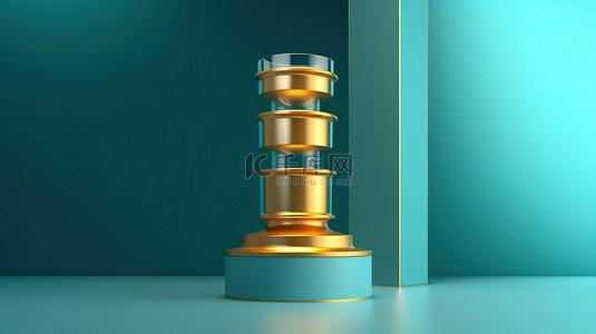 ppt奖杯背景图片_蓝色 3D 抽象讲台柱上闪闪发光的奖杯