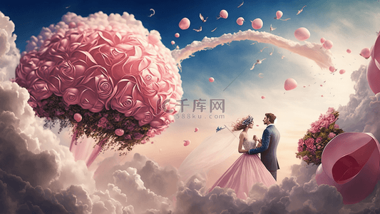 拿鲜花的背景图片_婚礼粉色浪漫插图背景