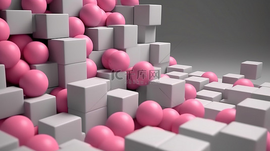中性背景上粉红色棒和灰色立方体的抽象 3D 渲染