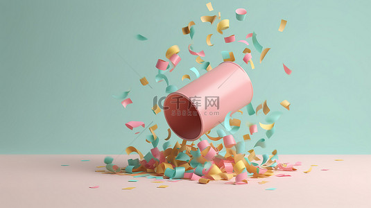 彩色礼花背景图片_充满活力的 3d 派对波普尔，彩色纸屑在柔和的背景下飞舞，非常适合生日和周年纪念日