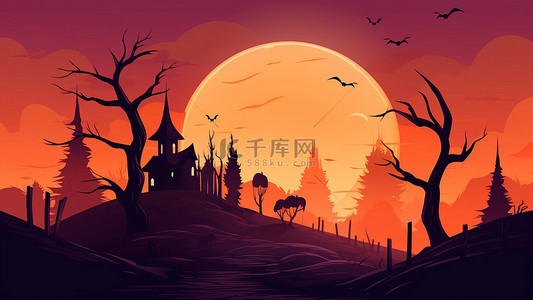 万圣节夜晚月亮背景图片_万圣节城堡月亮红色背景