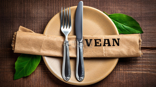 印章logo背景图片_纸板背景上的素食印章餐具和橡皮图章描绘餐厅概念 3D 插图