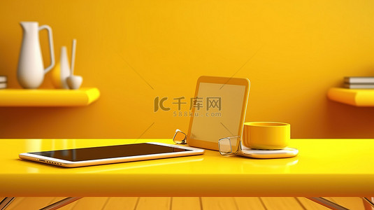 水平背景的黄色办公桌，配有手机和数字平板电脑，3D 插图