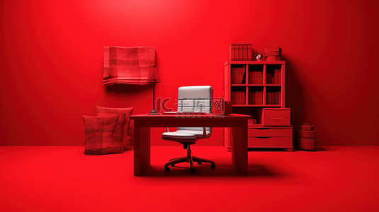 电脑椅背景图片_红色主题工作区单色 3D 图标，配有桌椅和带有醒目的红色背景的办公室