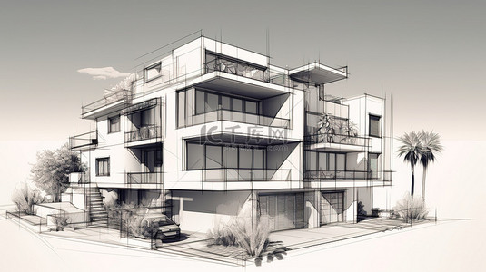 盗梦空间建筑背景图片_3D 草图中线性建筑的插图