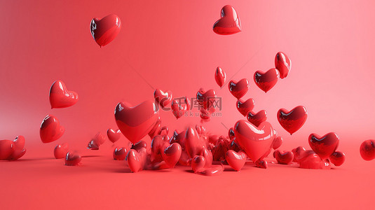 情人节简约心形背景图片_粉红色背景上漂浮的红色水晶心的简约情人节符号 3D 渲染