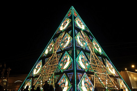 城市中的一座大型金字塔，充满了灯光展示