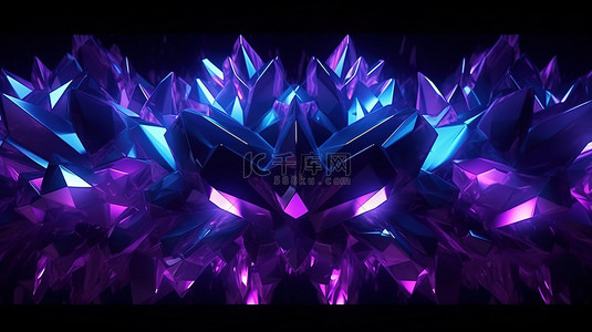 黑色空间简约 3D 插图中发光的霓虹紫色水晶形状图案