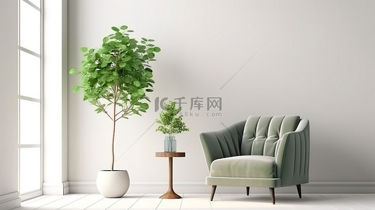 模拟背景背景图片_别致的客厅装饰，配有充满活力的绿色扶手椅和白墙模拟背景 3D 渲染上的花卉装饰