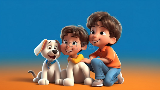 快乐的孩子背景图片_3D 艺术作品中快乐的孩子和狗
