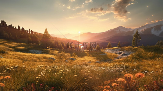 风景如画的山草甸上宁静的日落的令人惊叹的 3D 渲染