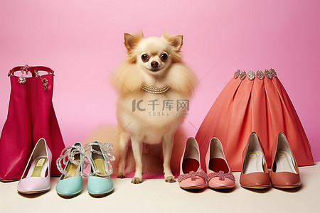 穿着粉色短裙的狗，周围环绕着彩色钱包高跟鞋和珠宝