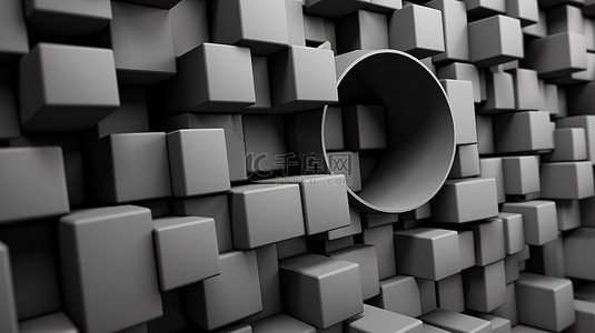 灰色立方体背景背景图片_具有抽象圆形形状和立方体的灰色纹理背景的 3d 渲染