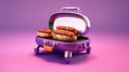 充满活力的紫色烤架上的铁板香肠 3D 插图和渲染
