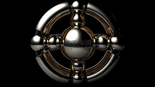 黑色背景抽象 3D 渲染上带有十字帽的闪亮铬金属球的圆环